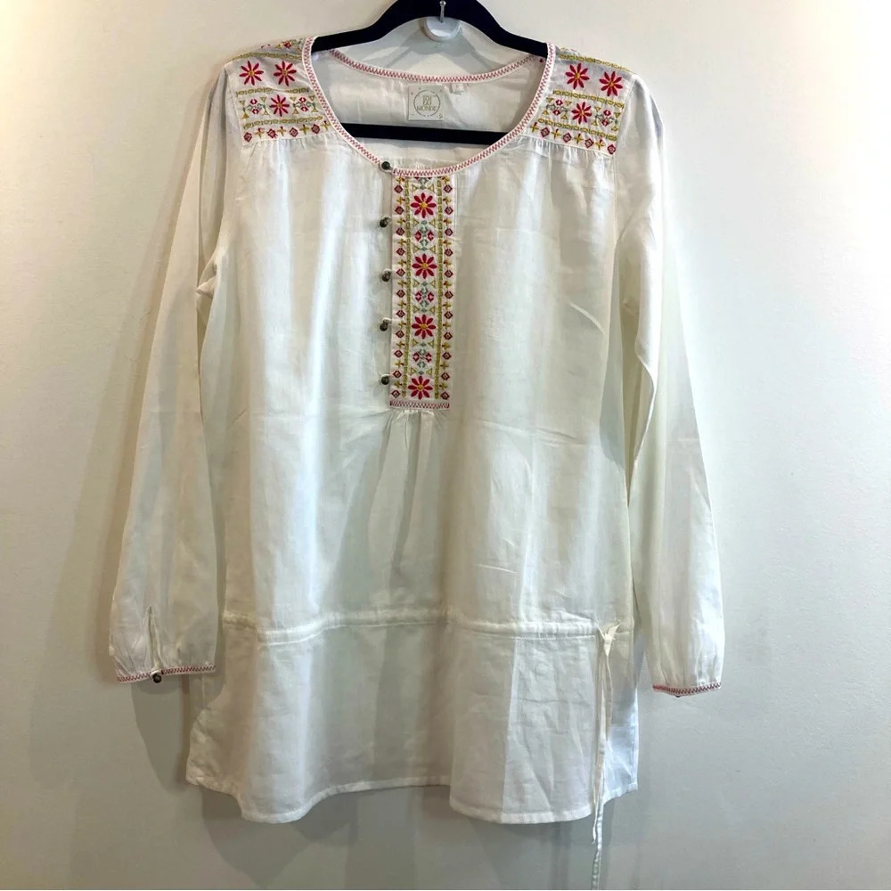 TOIT DU MONDE Sz 2 (US L) 100% Cotton Embroidered  Drawstring Long Sleeve Blouse